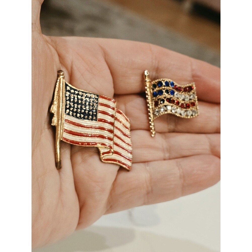 Vintage American Flag Brooch Pins Lot Rhinestone & Enamel Patriotic USA Jewelry